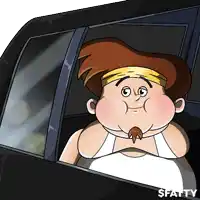 a fat man with a mustache is sitting in a car with the word fatty on the bottom
