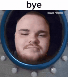 a man with a beard is in a blue circle with the word bye above him