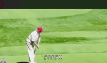 a man is walking up the stairs of an airplane with the words `` fore '' written below him .