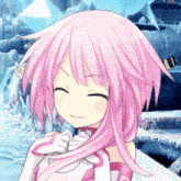 a girl with pink hair and white gloves is smiling with her eyes closed