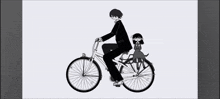 a black and white drawing of a man riding a bike with a girl on the back .