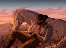 a man sitting next to a white horse in a field