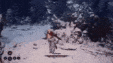 a person is playing a video game in the snow while holding a sword in their hand .