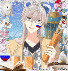 a man with a russian flag painted on his face is holding an umbrella in front of a ferris wheel