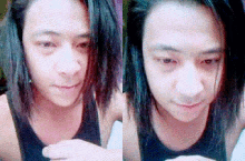 a man with long hair is wearing a black tank top and looking at something .