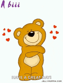 a teddy bear with its arms outstretched and hearts around it is giving a hug .