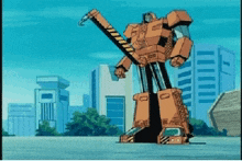 a robot with a crane is standing in front of a city skyline
