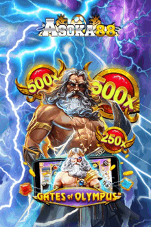 an advertisement for gates of olympus shows a bearded man