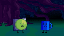 two cartoon characters standing next to each other with one having a sad face