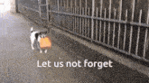 a dog carrying a bag on the sidewalk with the words let us not forget below it