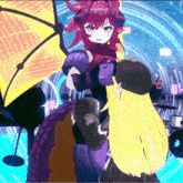 a purple and yellow anime character with horns