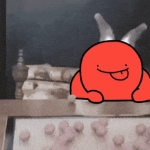 a cartoon drawing of a red monster with its tongue out