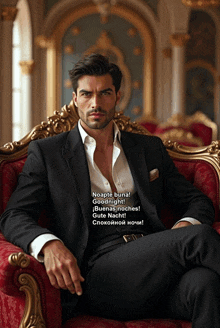 a man in a suit sits in a chair with the words noapte bunal goodnight written on the bottom