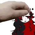 a pixel art of a hand touching a red and black cartoon character .