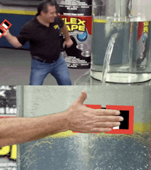 a man is dancing in front of a flex tape advertisement