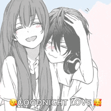 a black and white drawing of a girl petting a boy 's head with the words " goodnight love " above them