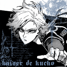 a black and white drawing of a man with kaiser de kucho written on the bottom