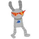 a robot wearing sunglasses and a hat is walking .