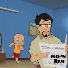 a cartoon of a man reading a newspaper with mighty raju written on the bottom