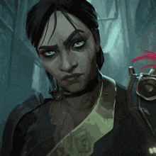 a close up of a woman 's face with the letter g on the shoulder