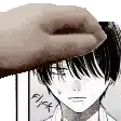 a hand is touching a boy 's head in a black and white image .