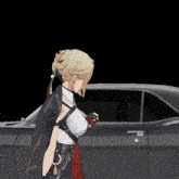 a woman standing in front of a car with a black background