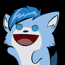 a cartoon drawing of a blue and white furry animal with blue eyes