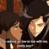 a man and a woman are standing next to each other and the woman is asking the man to go toe-toe with her .