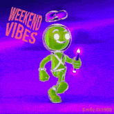 a cartoon character with the words weekend vibes written on the bottom