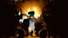 a cartoon duck is dancing in a dark room with barrels