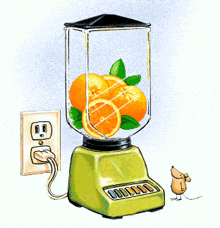 a green blender with a mouse on it is plugged into a wall outlet