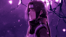 itachi uchiha from naruto is standing in front of a tree in the snow .