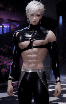 a man with white hair is wearing a black crop top and pants