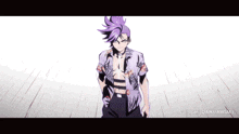 a man with purple hair is standing in front of a sign that says scar