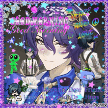 a picture of a boy with purple hair says good morning dear friend