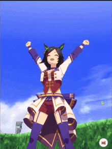 a girl with a green ear is standing with her arms up in the air