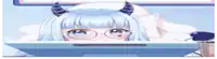 a girl with horns and glasses is peeking out from behind a laptop computer .