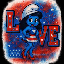 a smurf girl is standing in front of the word love and fireworks