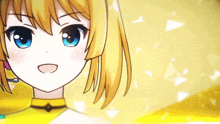a cartoon girl with blonde hair and blue eyes is wearing a yellow shirt