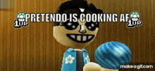 a video game character is holding a bowling ball and pretending to be cooking .