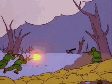 a cartoon of soldiers shooting a cannon in a snowy field .