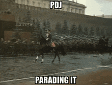 a man riding a horse with pdj parading it above him