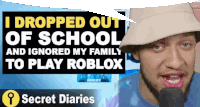 a man wearing a hat is talking into a microphone with the words " i dropped out of school and ignored my family "