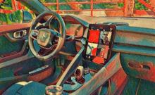 a painting of the inside of a car with a tablet on the dash