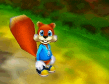 a cartoon squirrel wearing a blue jacket and yellow shoes is walking on a path .