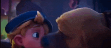 a cartoon character is kissing another cartoon character on the forehead .