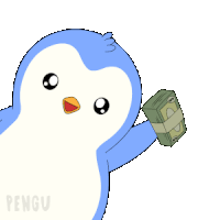 a blue and white penguin is holding a stack of money in its hand