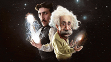 a cartoon of nikola tesla and albert einstein holding lightning bolts in their hands