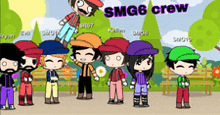a group of cartoon characters are standing next to each other with the words smg6 crew written above them