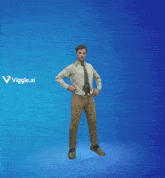 a man in a suit and tie is jumping in the air with a blue background that says viggle.ai on it